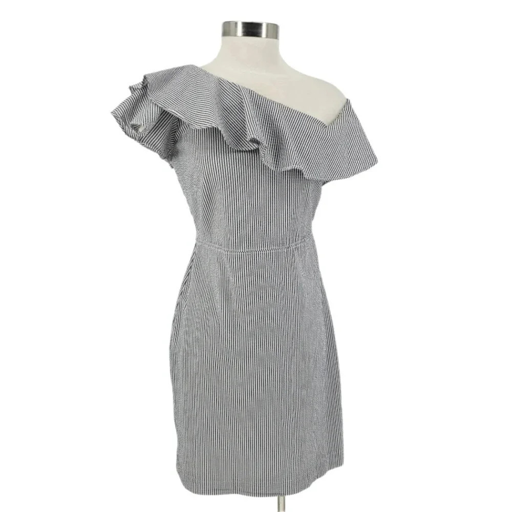 Banana Republic Sheath Dress Seersucker Striped Ruffle One Shoulder Sundress